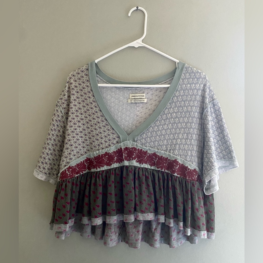 Urban Outfitters Patchwork Teal and Burgundy Patterned V-Neck Blouse